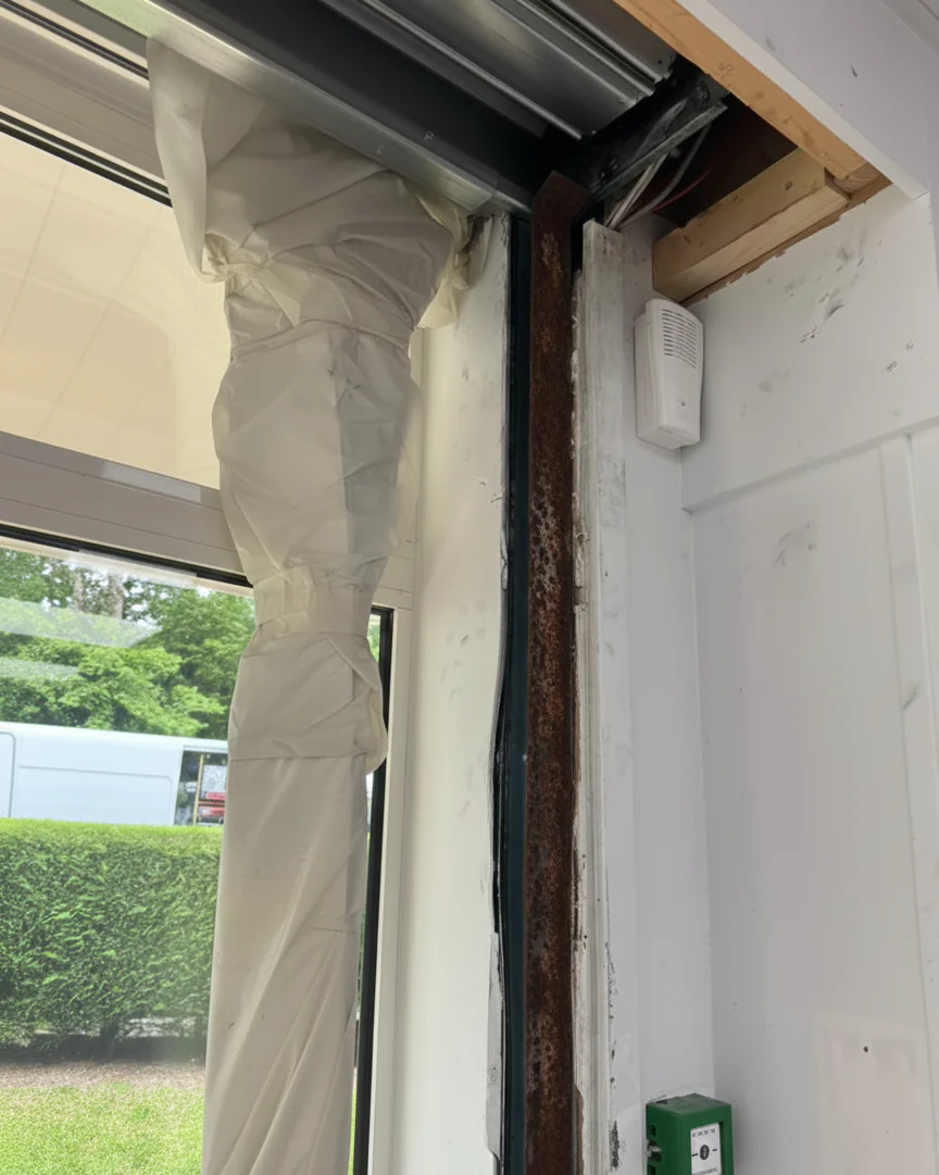 Coulisses de rideau métallique déformées avant intervention HBHS à Paris 19