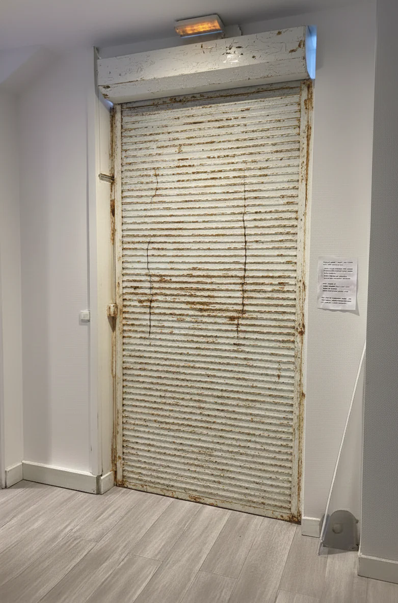 Tablier de rideau métallique cassé avant intervention HBHS à Paris 18